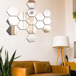 WallDaddy Silver Toned 15 Pieces Self-Adhesive Hexagon Mirror Wall Stickers-image-92