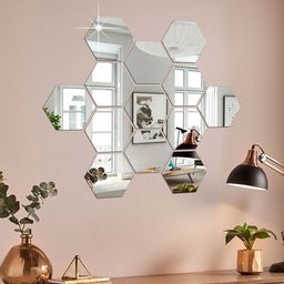 WallDaddy Silver Toned 13 Pieces  White Hexagon Design Mirror Wall Stickers-image-90
