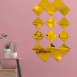 WallDaddy Yellow 16 Pieces Self-Adhesive Square Mirror Wall Stickers-13