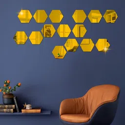 WallDaddy Gold Toned 15 Pieces Hexagon Mirror Wall Stickers-image-92
