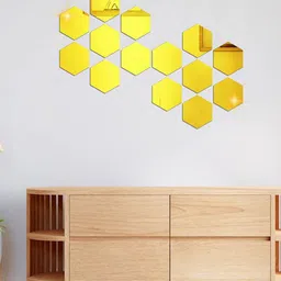 WallDaddy Gold Toned 14 Pieces Hexagon Mirror Wall Stickers-image-87