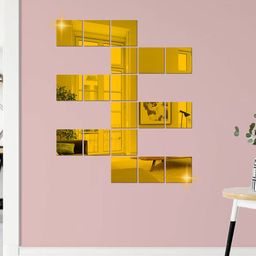 WallDaddy Gold Toned 18 Pcs Self-Adhesive Square Mirror Wall Stickers-image-84