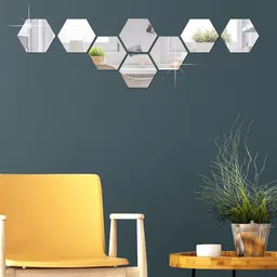 WallDaddy Silver Toned 8 Pieces Hexagon Mirror Wall Stickers-image-82
