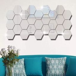 WallDaddy Silver Toned 27 Pieces Hexagon Design Mirror Wall Stickers-image-0