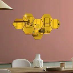 WallDaddy Gold Toned 8 Pieces Hexagon Mirror Wall Stickers-8