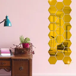 WallDaddy Gold Toned 23 Pcs Hexagon Mirror Wall Stickers-image-99