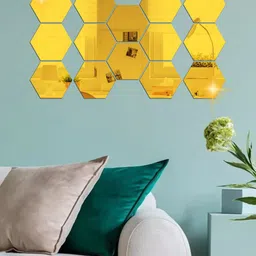 WallDaddy Gold Toned 14 Pieces Acrylic Hexagon Mirror Wall Stickers-image-81
