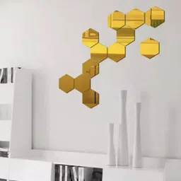 WallDaddy Yellow 12 Pieces Hexagon Mirror Wall Stickers-3