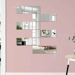 WallDaddy Silver Toned 18 Pcs Silver Toned Square Mirror Wall Stickers-16