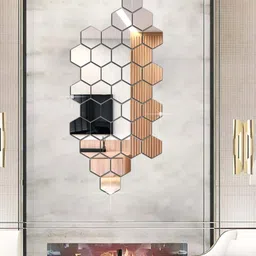 WallDaddy Silver Toned 34 Pieces Hexagon Mirror Wall Stickers-image-46