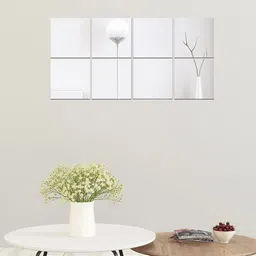 WallDaddy Silver Toned 8 Pieces Self-Adhesive Square Mirror Wall Stickers-57