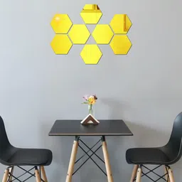 WallDaddy Gold Toned 8 Pieces Hexagon Design Mirror Wall Stickers-9
