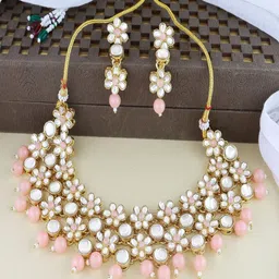 I Jewels Gold-Plated Kundan Stone-Studded And Peal Beaded Choker Jewellery Set-image-14