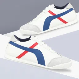 FAUSTO Men White Colourblocked PU Lightweight Sneakers-image-50