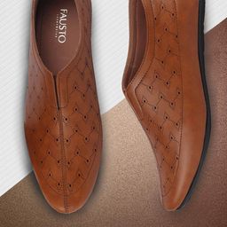 FAUSTO Men Tan Perforated PU Slip-On Sneakers-image-102