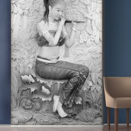 999Store White & Grey Beautiful Lady Palying Fluet Mural Wallpaper-image-55