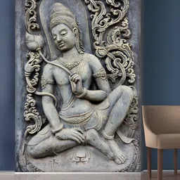 999Store White & Grey Flowers and Sitting Statue Mural Self-Adhesive Wallpaper-1