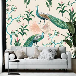 British Terminal Beige & Green Peacock Printed Self Adhesive Wallpaper-image-91