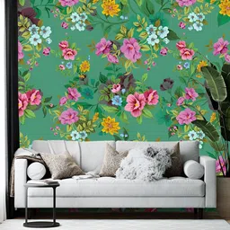 British Terminal Green & Pink Floral Printed Wallpaper-13