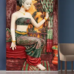 999Store Red & Green Sitting Lady Mural Self-Adhesive Wallpaper-image-55