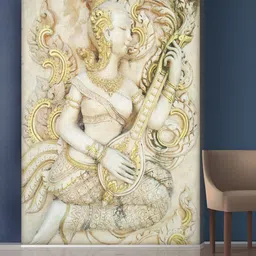 999Store Cream-Coloured Flowers & Lady Playing The Sitar Wallpaper-image-48