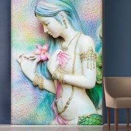 999Store White Beautiful Lady with Pink Flower Mural Wallpaper-image-8