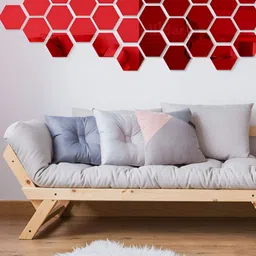 Wall1ders Red 31 Pcs Hexagon Mirror Wall Sticker-37