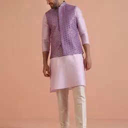 KISAH Mandarin Collar Mirror Work Regular Kurta With Pyjamas & Nehru Jacket image 1