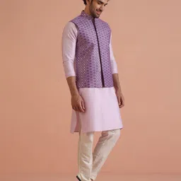 KISAH Mandarin Collar Mirror Work Regular Kurta With Pyjamas & Nehru Jacket image 3