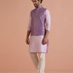 KISAH Mandarin Collar Mirror Work Regular Kurta With Pyjamas & Nehru Jacket image 4