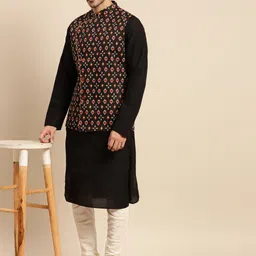 KISAH Men Ikat Printed Kurta with Churidar & Nehru Jacket-2