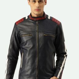 Leather Retail Men Blue Outdoor Faux Leather Stand Collar Biker Jacket-picture-11