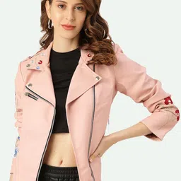 Leather Retail Women Pink Embroidered Biker Jacket-picture-31