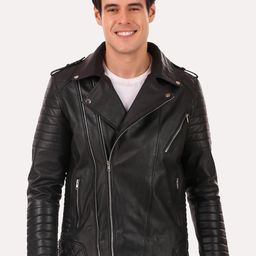 Leather Retail Men Black Leather Outdoor Biker Jacket-picture-30