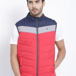 t-base Men Red & Navy Blue Colourblocked Windcheater Puffer Jacket-19