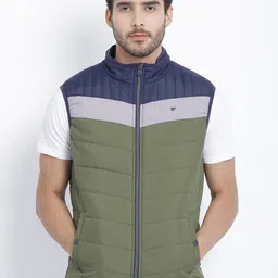 t-base Men Olive Green Navy Blue Colourblocked Windcheater Puffer Jacket-image-10