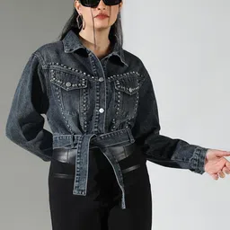 SHOWOFF Women Spread Collar Washed Solid Casual Denim Jacket-image-29