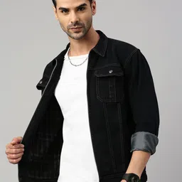 VOXATI Men Checked Crop Denim Jacket-1