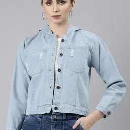 SHOWOFF Hooded Windcheater Crop Denim Jacket-image-13