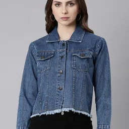 SHOWOFF Spread Collar Windcheater Crop Denim Jacket-image-47