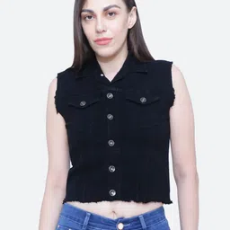 FCK-3 Women Black Washed Cotton Denim Jacket-image-32