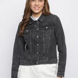 TALES & STORIES Women Black Washed Lightweight Crop Denim Jacket-image-83