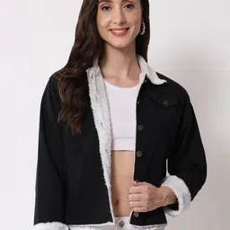 Funday Fashion Spread Collar Faux Fur Trim Detailed Cotton Denim Jacket-2