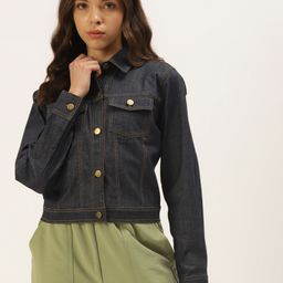 Zastraa Women Navy Blue Lightweight Crop Denim Jacket-image-5