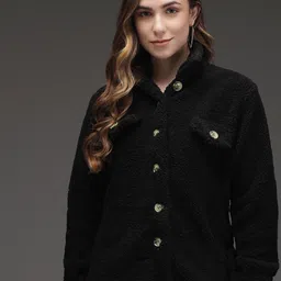 BAESD Spread Collar Faux Fur Trim Denim Jacket-48
