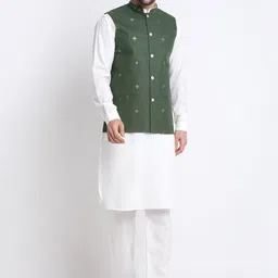KRAFT INDIA Mandarin Collar Kurta with Salwar With Embroidered Nehru Jacket-image-2
