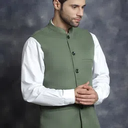Anouk Green Mandarin Collar Woven Nehru Jacket-9