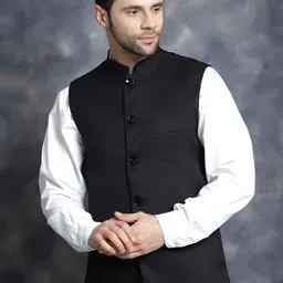 Anouk Black Mandarin Collar Woven Nehru Jacket-8