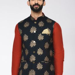 KISAH Printed Nehru Jacket with Pocket Square-17