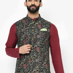 KISAH Ethnic Motifs Printed Nehru Jacket with Pocket Square-9